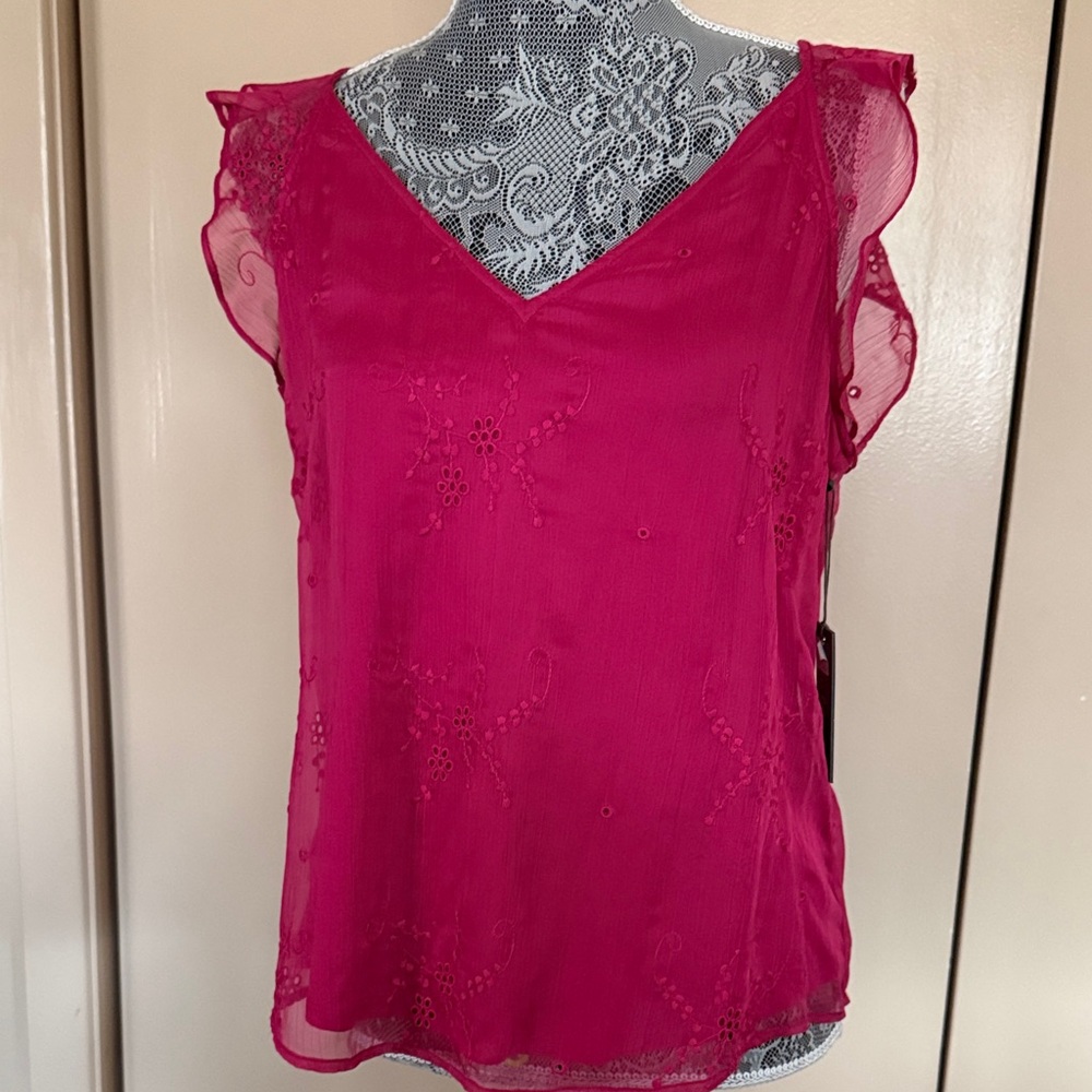 Women's Fuchsia V-Neck Embroidered Flutter Sleeve Top